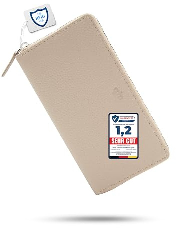 Baur portafoglio da donna – vera pelle con protezione RFID – portafoglio grande con 12 scomparti per carte – cerniera a giro in metallo (Cerniera argento, Talpa)