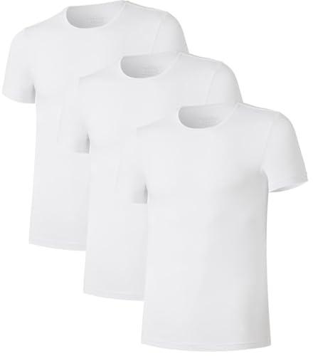 COLORFULLEAF 3/5er Pack Bambus Rundhals T-Shirt Herren Stretch Unterziehshirt Männer Einfarbig Business Arbeitstshirts(Weiß,L)
