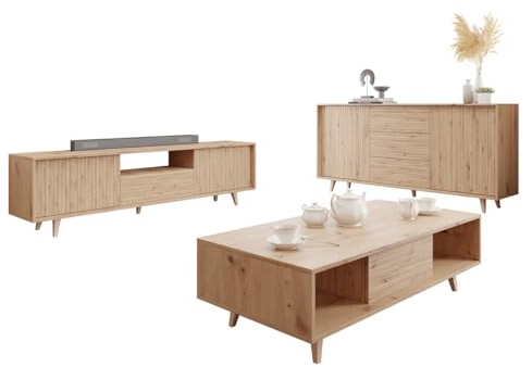 Mirjan24 Wohnzimmer-Set Ferido I, Kommode mit 2 Türen und 3 Schubladen, Couchtisch mit 2 Fächer und Schublade, TV Lowboard mit Schublade, 2 Klappen und offenes Fach, gefräster Front (Eiche Artisan)