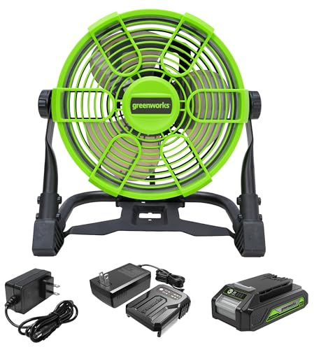 Greenworks 24V 10“ kabelloser Ventilator, Hybrid (AC/DC) Air Cannon Fan, 5-stufig, 500 CFM, mit 2.0Ah Akku, Ladegerät und AC Adapter