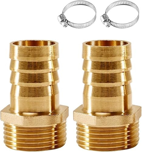 2 boquillas de manguera de latón de 1 pulgada, 1 pulgada AG x 25 mm | Adaptador de rosca exterior, conector de manguera, conector de manguera de latón, adaptador con 2 abrazaderas de manguera