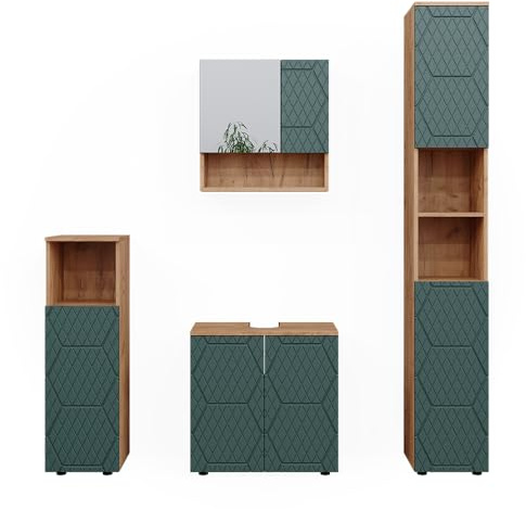 Vicco Badmöbel-Set Irma, Grün/Goldkraft Eiche, 80 cm | besteht aus Waschbeckenunterschrank, Spiegelschrank, Hochschrank und Midischrank