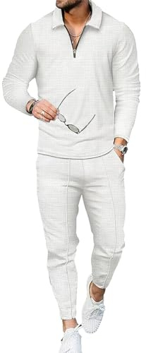 amropi Tute da Ginnastica Uomo Pullover Felpa con Cerniera e Jogging Pantaloni Sportiva Set Bianco, M