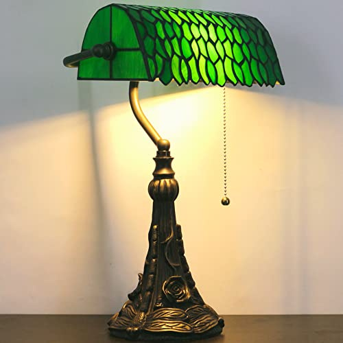 SYETL Tiffany Banker Lamp Small Stained Glass Table Lamp Tiffany Style Piano Light Green Wisteria Leaf Style Desk Lamp Angle Adjustable 10.6X15.7 Inch for Home Office Living Room Bedroom