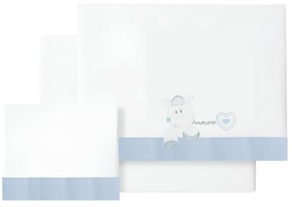 various - Set di lenzuola per lettino 60 x 120 cm, per neonati primavera e autunno, tipo 100% cotone extra morbido, in Spagna-(Sotto+piano di lavoro+federa cuscino-cuore amorevole, colore BCO/blu