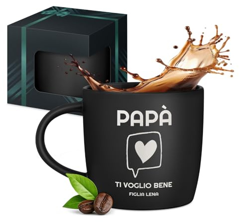 Maverton Tazza da caffè macchiato o tè in ceramica, 400 ml, Incisione | Personalizzata, Tazze con manico per bevande per Lui, Bicchiere da colazione per compleanno uomo, Interno nero, papà