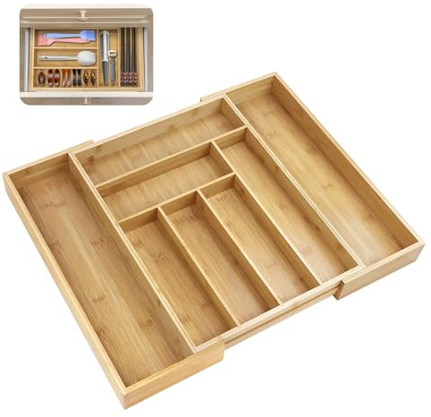 Bowose Bamboo Cutlery Tray Utensil Drawer Organiser, Expandable Storage Tray for Kitchen, Adjustable Size 32 x 43x 5cm to 52 x 43x 5cm, with 6 to 8 Compartments Large Capacity, Easy to Clean