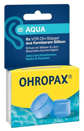 OHROPAX Aqua öronproppar – skydd mot vatten i örat vid simning, bad eller dusch – för-öronproppar av formbar silikon – lämplig för alla öron – ljudisoleringsvärde SNR 23 dB – 6 stycken