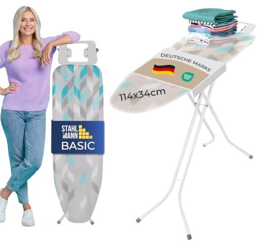 STAHLMANN ® Bügelbrett [105x30 Bügelfäche] mit rutschfesten Füßen – robuster Bügeltisch – extra stabiles Bügelbrett [Made IN EU] – Tischbügelbrett