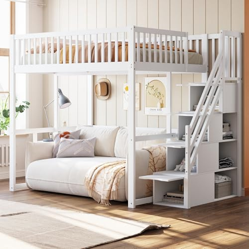 Dolamaní Hochbett 140x200 cm Einzelbett für Kinder und Jugendliche, Jugendbett Kinderbett mit Lattenrost und Treppe, Bett aus Kiefern Holz, Hoch 180 cm mit Rausfallschutz (Weiß B,)