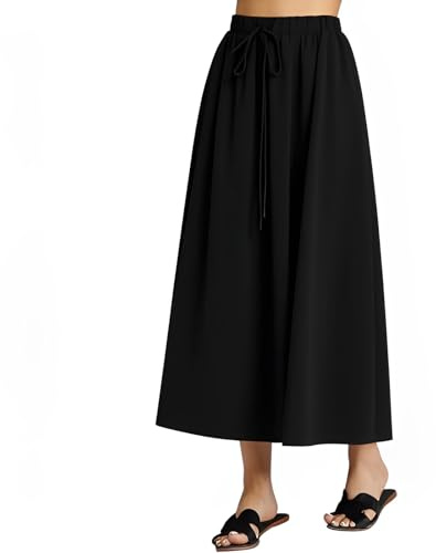 zoogobee Maxi Long Skirts for Women UK Midi Boho Summer Skirts Elasticated Waist Floral Leaf Pattern Bohemian Pleated Pocket (UK, Alpha, XXL, Regular, Regular, Black)
