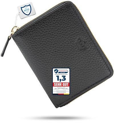 Baur Damen Geldbörse klein – Echtes Leder mit RFID-Schutz – Kleines Portemonnaie mit 6 Kartenfächern und Rundumreißverschluss (Gold Reißverschluss, Schwarz)