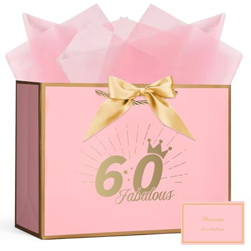 AOOSU Geschenktüte 60 Geburtstag, Papier Geschenktüten mit Schleife + 1 Grußkarten +3 Seidenpapier, Rosa Geschenktaschen Frauen 60th Birthday Gift Bag, Papiertüten mit Henkel für Damen, Mädchen