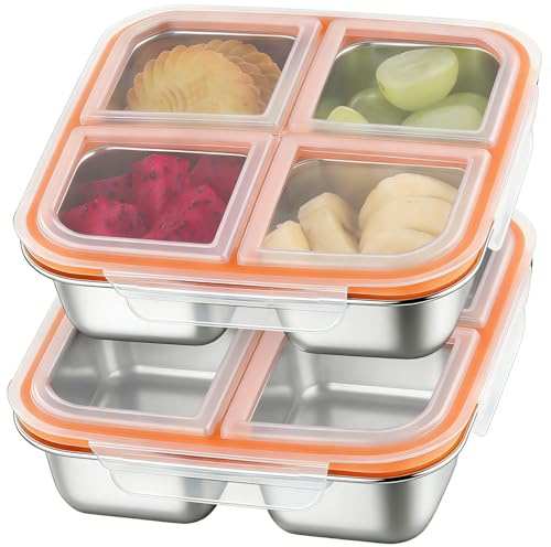 2 Pack 600ml Snack Box with 4 Compartments, Stainless Steel Bento Lunch Box for Kids & Adults, Leakproof Food Containers, Stackable Snack containers for School, Work & Travel, Freezer&Dishwasher Safe