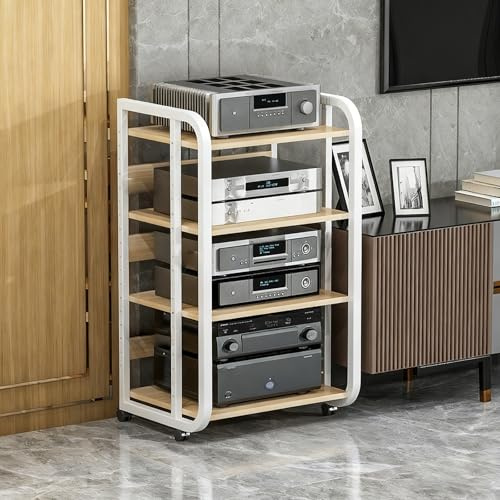 Audio Video Regal HiFi Rack High End,Höhenverstellbares Medienregal mit Feststellrollen, 3 4 5 Etagen Audio-Video Rack, Stahlgestell & Holzplatten mit Rückwand(White,4-Layer a)