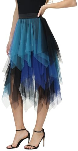 Damtyllkjolar asymmetrisk tyllkjol A-linje midikjol puffy fe kjolar elegant mjuk knälång lager tutu kjol, Svart grön blå, XL