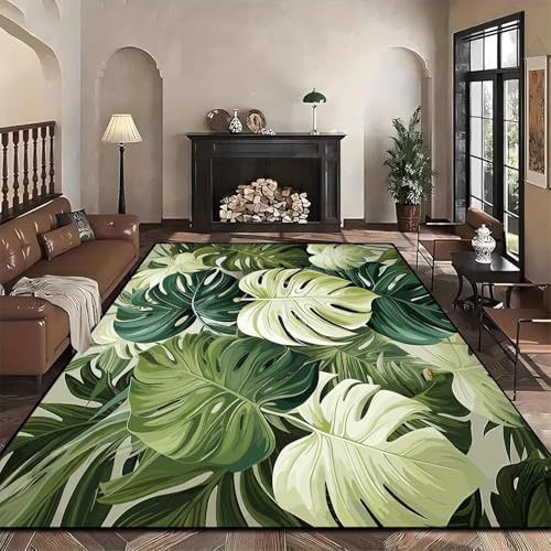 Monstera Area Rug, 60x110cm Natural Jungle Green Plant Leaf Indoor Rug and Mat, Vintage Leaves Decorative Rugs, Tropical Natural Design, Green Carpet for Office, Bedroom, Study, and Lounge Decoration