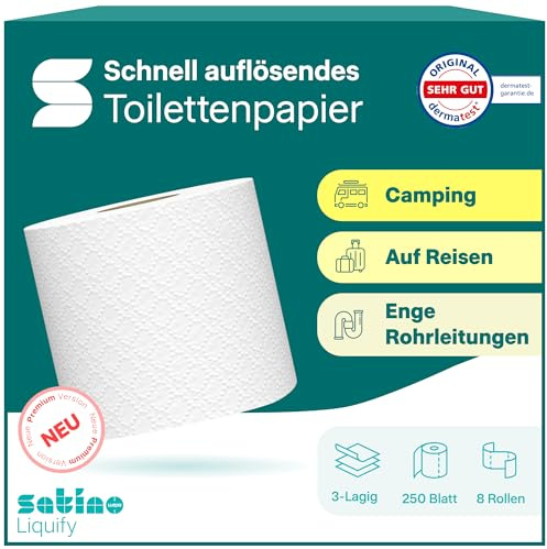 Satino Liquify - Premium Camping Toilettenpapier 3-lagig – genauso schnellauflösend wie sein Vorgänger – 3 Lagen für noch mehr Komfort im Wohnmobil - Made in Germany - 8 Rollen á 250 Blatt