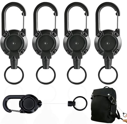 Lot de 4 porte-clés rétractables, porte-clés extensibles, porte-badge mousqueton robuste, cordon extensible avec cordon en acier de 60 cm pour porte-badge Pour Porte-cartes, Porte-badge d'identité