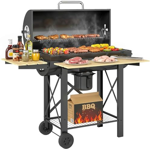 Outsunny Barbacoa de Carbón Portátil, Barbacoa de Carbón Móvil con Estantes Plegables, Termómetro, Tapa, Ventilaciones Ajustables, Recoge Cenizas, Ruedas, Asa, 109x71x98 cm, Negro y Madera Natural