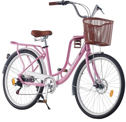 KernGut Women City Bike 24/26Zoll mit Korb,7-Gang Damenfahrad mit Tassenhalter und Reflektoren,Doppelscheibenbremse,Gepäckträger,Verstellbaren Armlehnen und Sitz,Komfort Vintage Fahrra (Rosa, 26 Zoll)