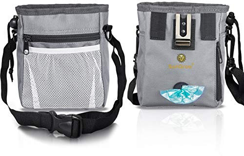 SunGrow Dog Travel Pouch, Training Bag for Treats, Kibbles, Toys & Accessories, Gray, Multiwear and Weather-Proof, 1 Pouch with Adjustable Shoulder Strap and Waist Belt