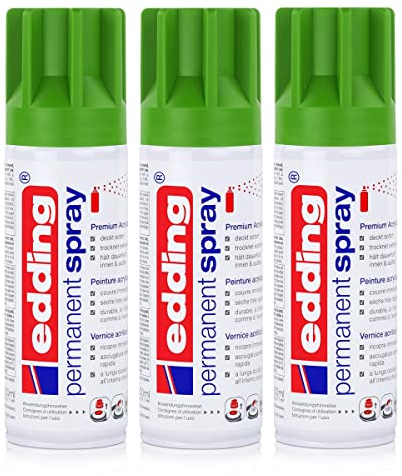 edding Permanent Spray Premium-Acryllack gelbgrün 200ml RAL 6018 – seidenmatt – Sprühlack deckt sofort, trocknet extrem schnell und hält dauerhaft innen & außen, für Glas, Metall uvm. (3er Pack)
