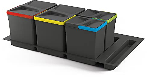Emuca 8936023 - Contenitori per raccolta differenziata, Plastica, Grigio antracite, 15 L+15 L+7 L+7 L, modulo 900 mm, 4 u. + Base