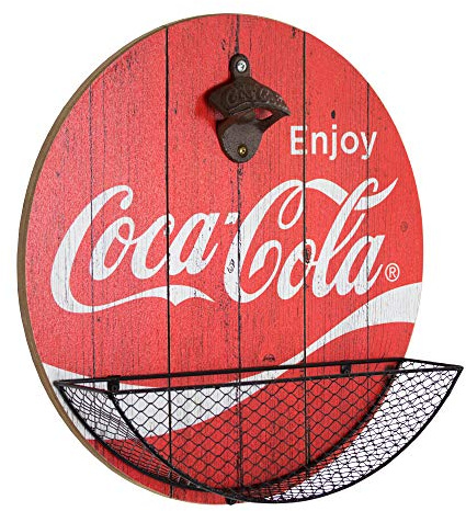 American Art Decor Bottle Opener & Cap Catcher - Wall-Mounted Wooden Beer Cap Collector - Room Decor Accessories for Bar, Man Cave, Garage, Game Room & More (Coca-Cola)