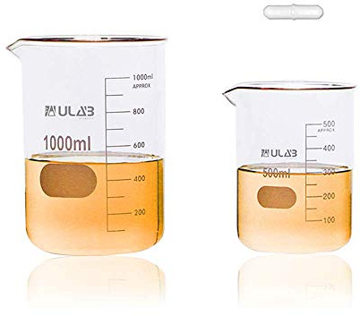 ULAB Glass Beaker Set, 2 Sizes of Vol. 500ml 1000ml, 3.3 Boro Griffin Low form with Printed Graduation, UBG1021