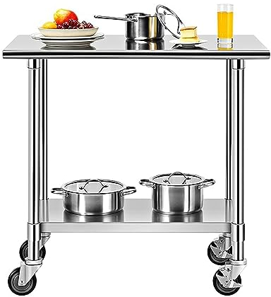 GOPLUS Arbeitstisch Edelstahl, Edelstahltisch mit mit Verstellbarer Ablage, Servierwagen, Küchenwagen mit Vier 360° Drehbaren Rollen, Belastbar bis zu 250 Kg, 2 Räder mit Feststellbremse