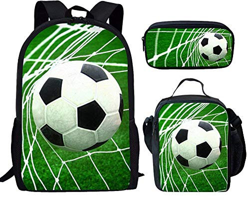 Binienty Modische Schultasche 3-in-1 für Kinder, Jungen, Mädchen, Rucksack + Lunch-Tasche + Federmäppchen, Fußballtor, Einheitsgröße,