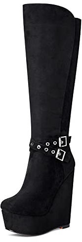 NobleOnly Zapatos de Tacón Mujer Altura de Pantorrilla Plataforma Cuña Botas 16CM Wedge High Heels Negro Ante Botón Zapatos EU 41