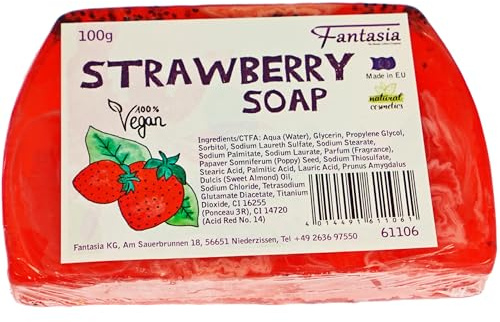Feste Seife: 100g Handseife fest mit sanftem Erdbeer Duft – Seife vegan – Handgemachte Seife – Hand Soap – Handseife Stück – Vegane Seife von Fantasia
