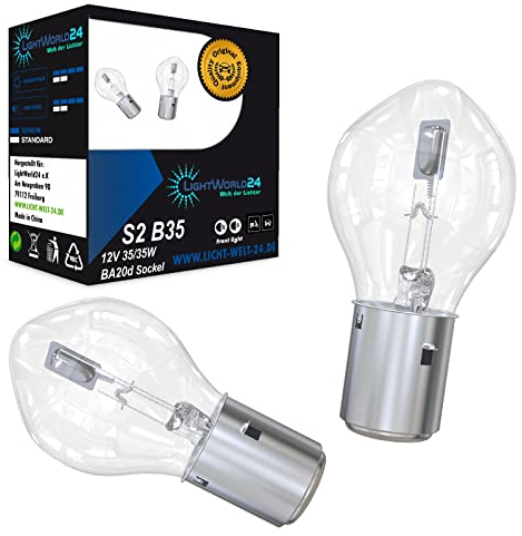 LIGHTWORLD24 BA20d S2 35/35W 12V Faro alogeno per moto, super luminoso, anabbagliante e abbagliante, per scooter, motorino, ciclomotore, lampadina Bilux, confezione da 2