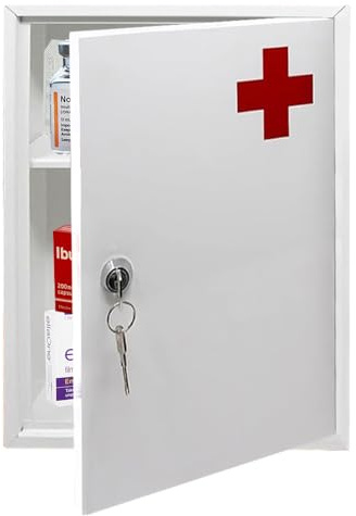 First Aid Medical Cabinet Safe Storage Box with Lock & Key - Use at Home, Bathroom, Office, School, Lab Medication Kit | Wall Mounted With Fixings Included | Lockable, Child Proof & Comes With 2 Keys