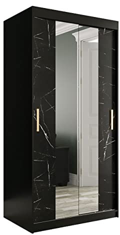 Kleiderschrank Kamoga T1, Schwebetürenschrank mit Spiegel und 2 Kleiderstangen, Marmor Optik Muster, Schiebetürenschrank für Schlafzimmer (Modell 100, ohne Schubladen, Schwarz / Marmor Schwarz + Gold)