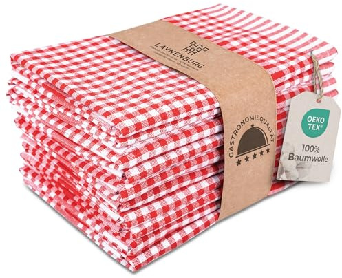 LAYNENBURG Lot de 10 torchons de Cuisine de qualité supérieure - 100% Coton - Certifié Öko-Tex Standard 100-50x70 cm - avec Cintre - Non Pelucheux et Modernes - Rouge