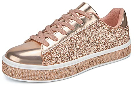 UUBARIS Women's Glitter Tennis Sneakers Neon Dressy Sparkly Sneakers Rhinestone Bling Wedding Bridal Shoes Shiny Sequin Shoes Rosegold Size 7.5