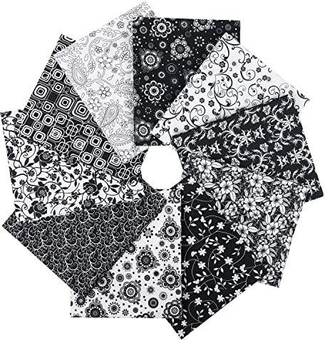 Craftido 10 Stück 18”x21” (46x53 cm) Fat Quarters Stoffpakete - Mittleres Gewicht 145g - 100% Baumwollstoff für Quilten, Nähen, Patchwork, DIY und handgefertigte Bastelarbeiten - Black & White Flower