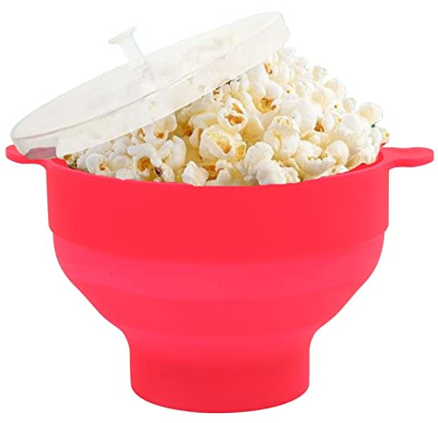 Recipiente para palomitas de maíz apto para microondas Máquina para hacer palomitas de maíz de silicona Plegable Popper con tapa transparente y asa 2-4 minutos Rápido para hacer palomitas(Rosa roja)
