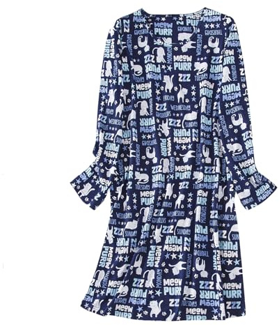 Womens Long Sleeve Nightgowns Sleep Shirts Cotton Night Shirts Night Gown Soft House Dresses Ladies Night Dress Long Dark Blue Cats XL