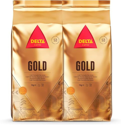 Delta Cafés| Café en Grano Gold 2x1 Kg Intensidad 12 Arábica Robusta | Muy Aromático, Notas de Cereales Tostados y Palomitas Dulces