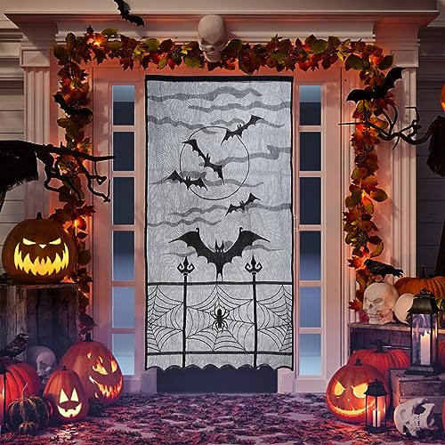 Halloween Türdeko, Halloween Vorhänge, Schwarze Spitze Halloween Vorhang, Skelett Spinnennetz Curtain Fledermaus Banner für gruselige Halloween Deko Horror Fenster Haustür Tür Party Dekorationen