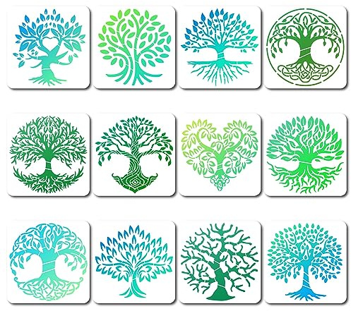 GORGECRAFT 12 Stile Baum des Lebens Schablone Zweig Malschablonen Wiederverwendbare Baumwurzel Blätter Zeichnungsvorlage Herz Natürliche Pflanzen Wald Aushöhlungsvorlagen Zum Malen Auf Holzwand