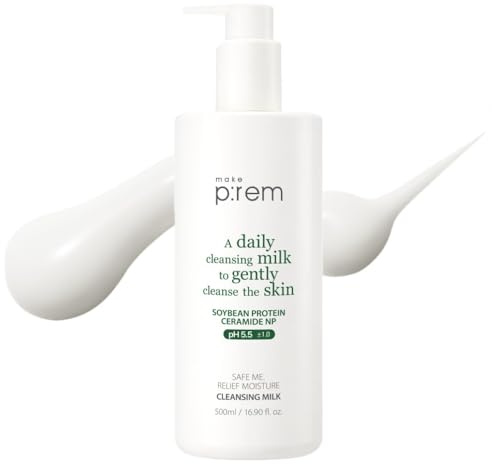MAKE P:REM Safe Me. Relief Moisture Cleansing Milk, Hydrating Gentle Face Wash for Sensitive Skin with Soy Protein, Korean Milky Cleanser, Korean Skin Care, 16.90 fl.oz (500ml)