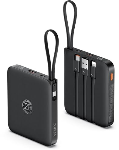 VRURC Mini Portable Charger with 4 Built-in Cable 22.5W Fast Charging | USB C 10000mAh Mini Cell Phone Power Bank LED Display, Battery Pack for iPhone 17 16 Samsung Galaxy Tablet