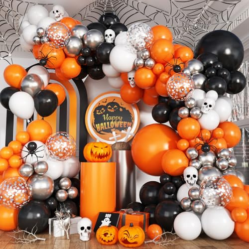 Halloween Luftballon Girlande Orange Schwarz Weiß, 113 Stück Schwarz White Orange Silber Konfetti Halloween Ballongirlande Deko für Kinder Halloween Gruselige Party Babyparty Geburtstag Dekoration