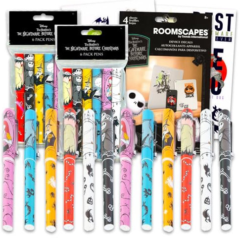 Disney Juego de bolígrafos de Pesadilla antes de Navidad, paquete de suministros de fiesta Jack Skellington, paquete de 12 bolígrafos con calcomanías para niños, niñas, niños, recuerdos de fiesta de