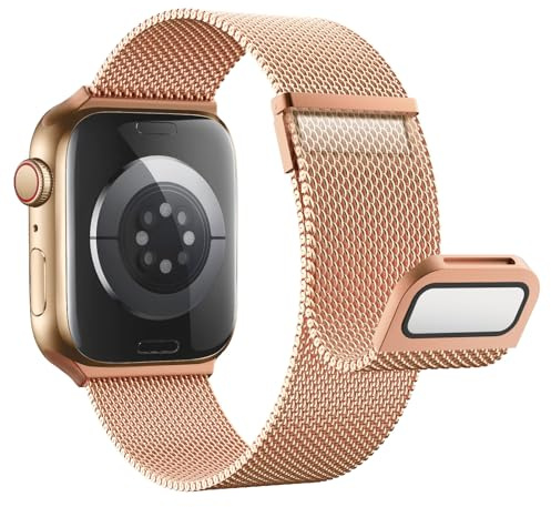 Astorgos Bracelet Magnétique Compatible Apple Watch Ultra 3/2/1 49mm,S11/S10 46mm,9/8/7 45mm,SE3/SE2/SE/6/5/4 44mm,3/2/1 42mm,Bande de Montre en Acier Inoxydable Double Magnétique en Métal,ChampagneOr